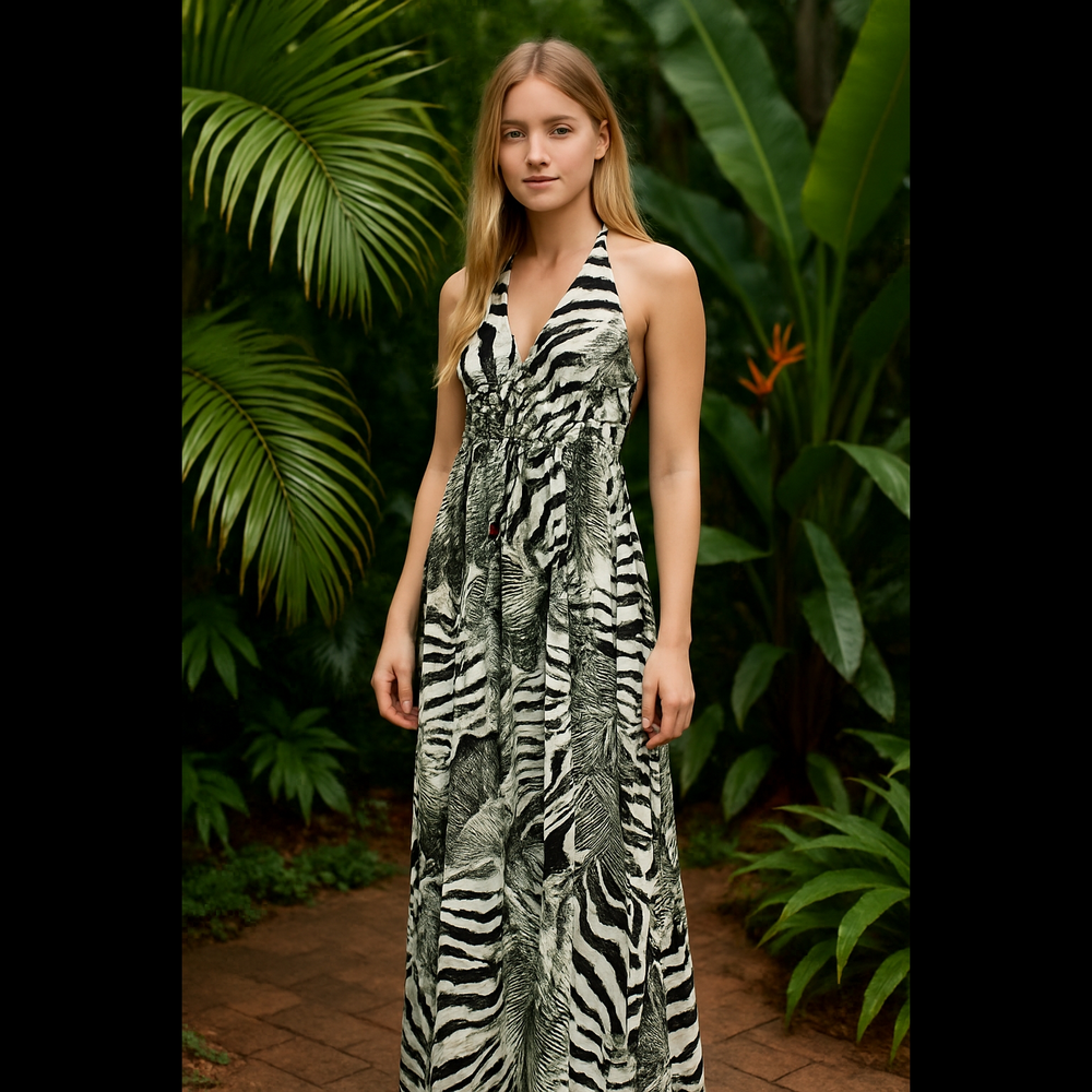 Tropical Print Boho Halter Maxi Dress with‎ Elastic Back Cotton Resort Vacation